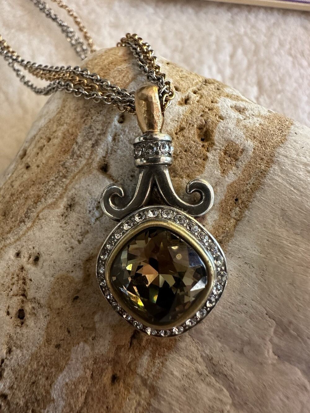 Brighton Lionsgate Triple silver gold strands Swarovski olivine amber Baroque